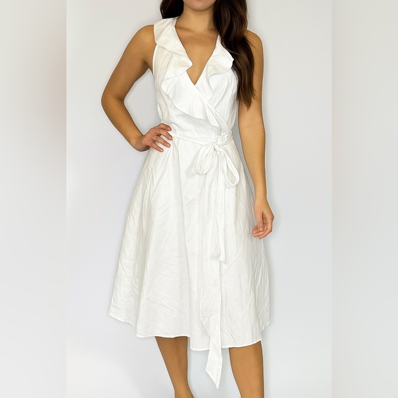 Lauren Ralph Lauren White Wrap Dress NWT Size 14 Ruffle Midi Sleeveless - Picture 1 of 5